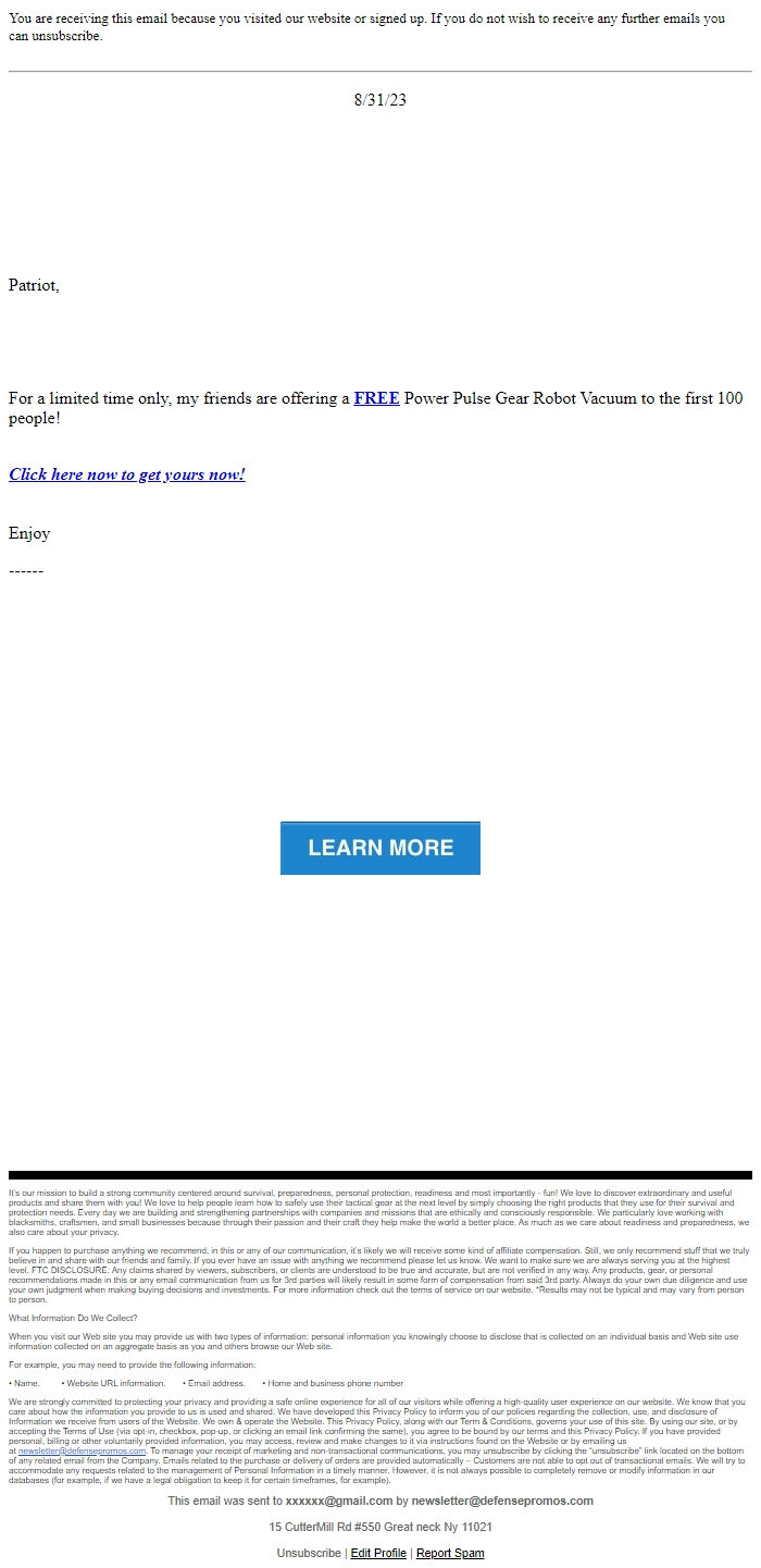 Screenshot of the email generated on import