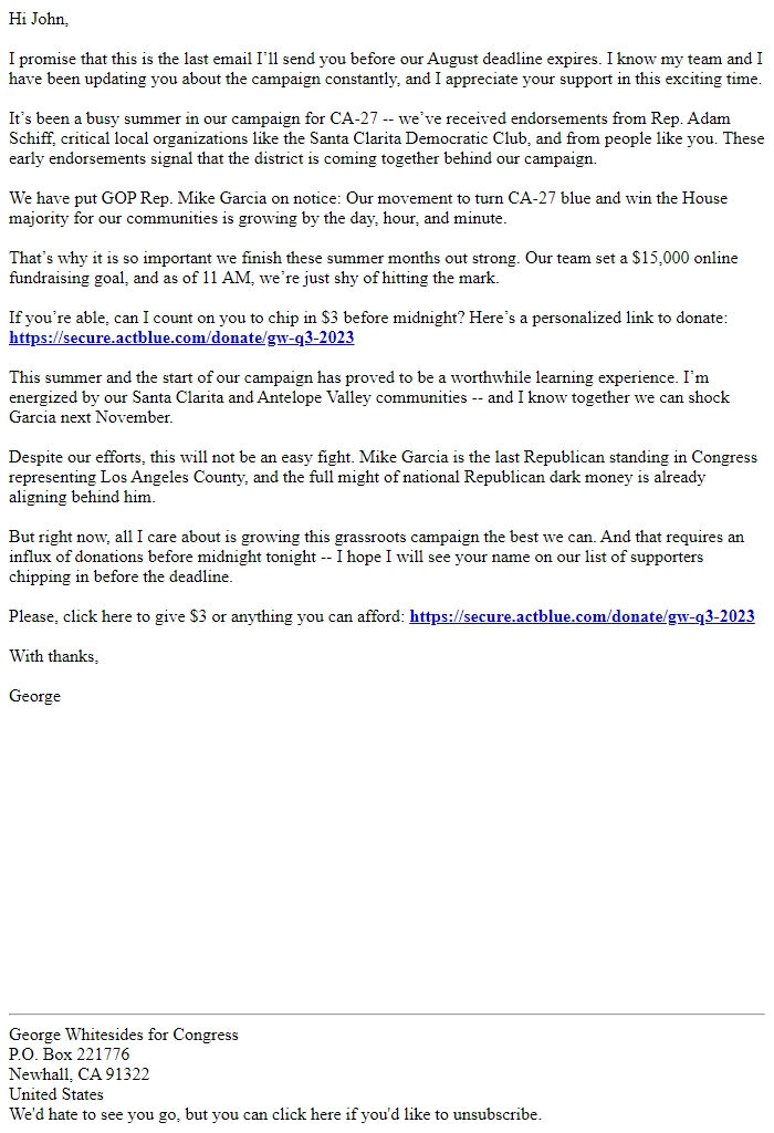 Screenshot of the email generated on import