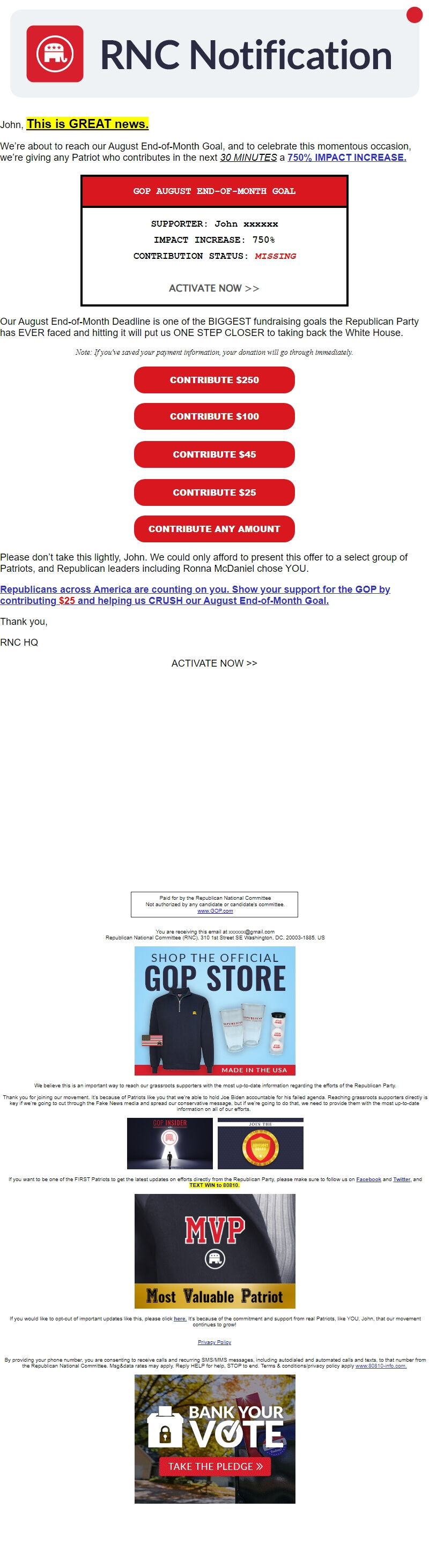 Screenshot of the email generated on import