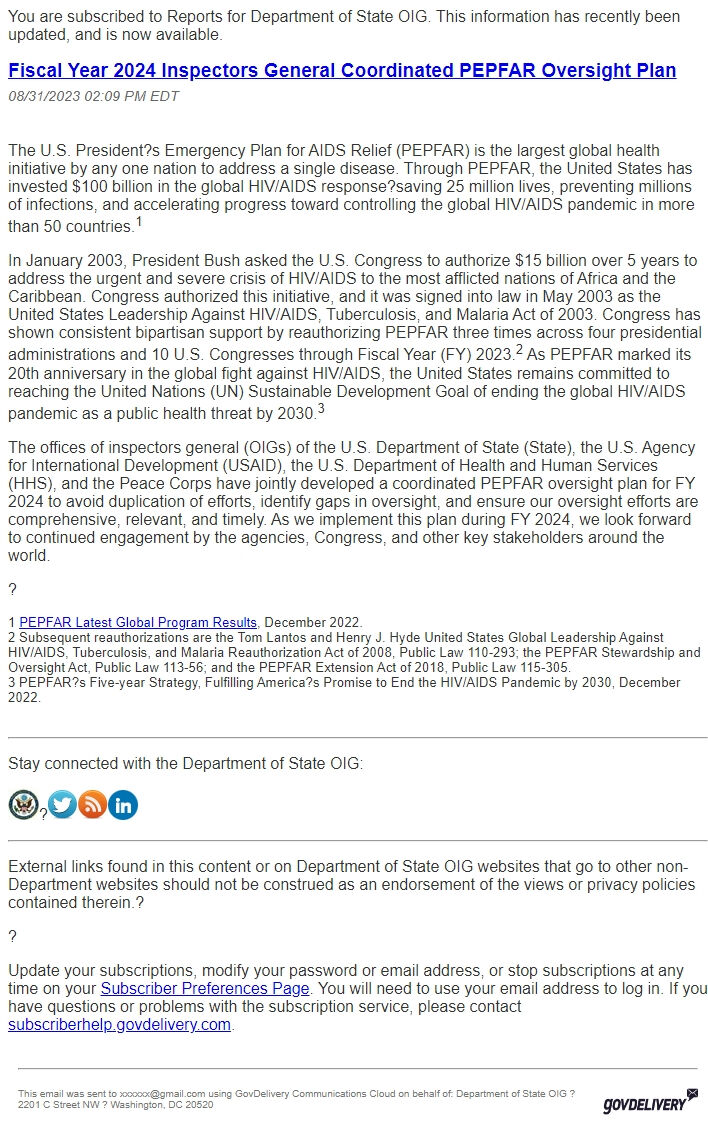 Screenshot of the email generated on import