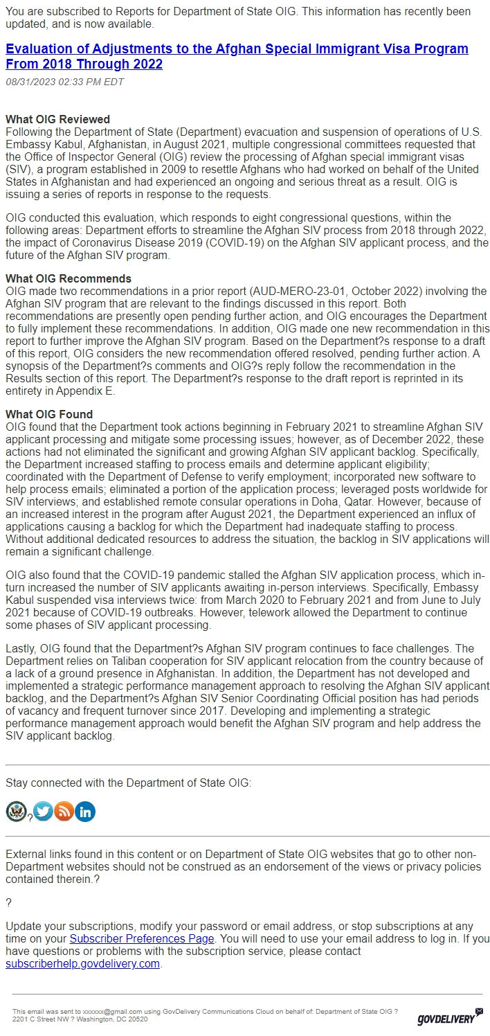 Screenshot of the email generated on import