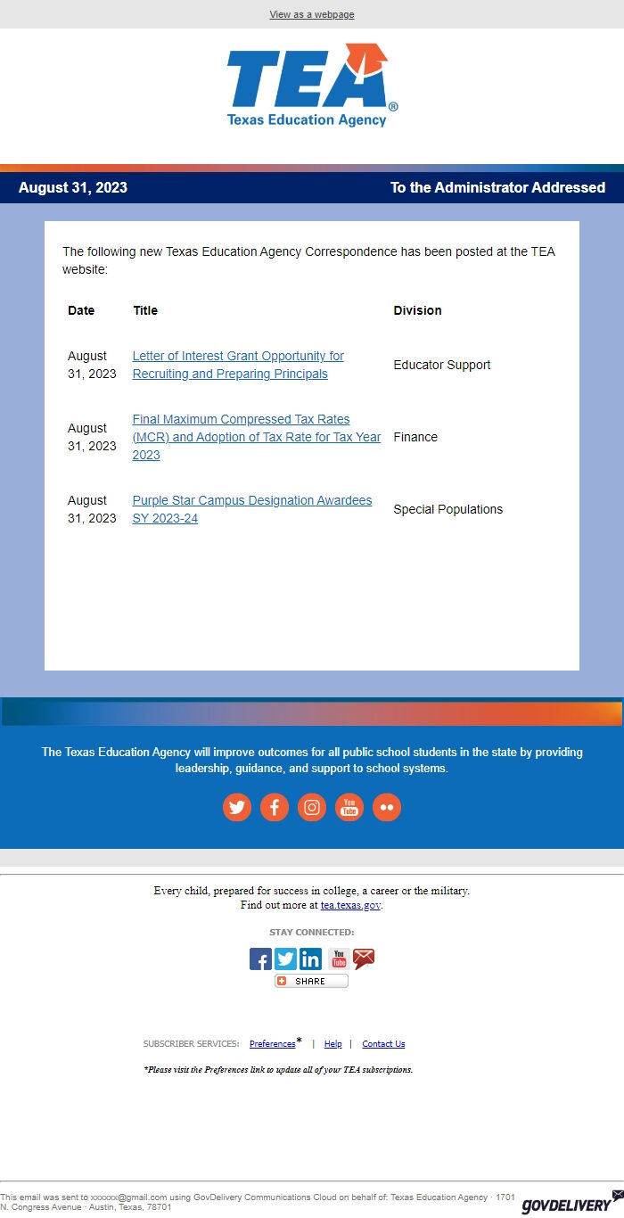 Screenshot of the email generated on import