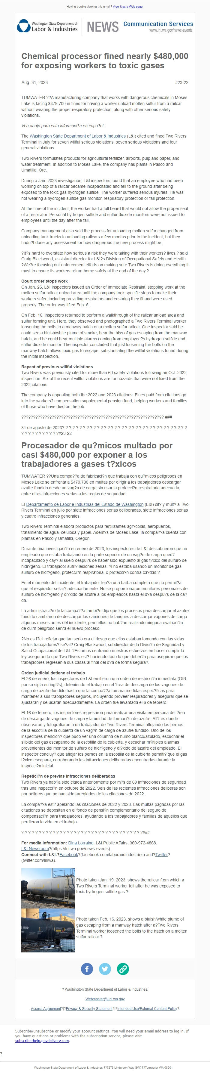 Screenshot of the email generated on import