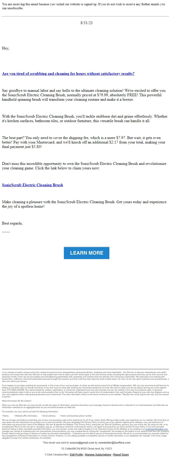 Screenshot of the email generated on import