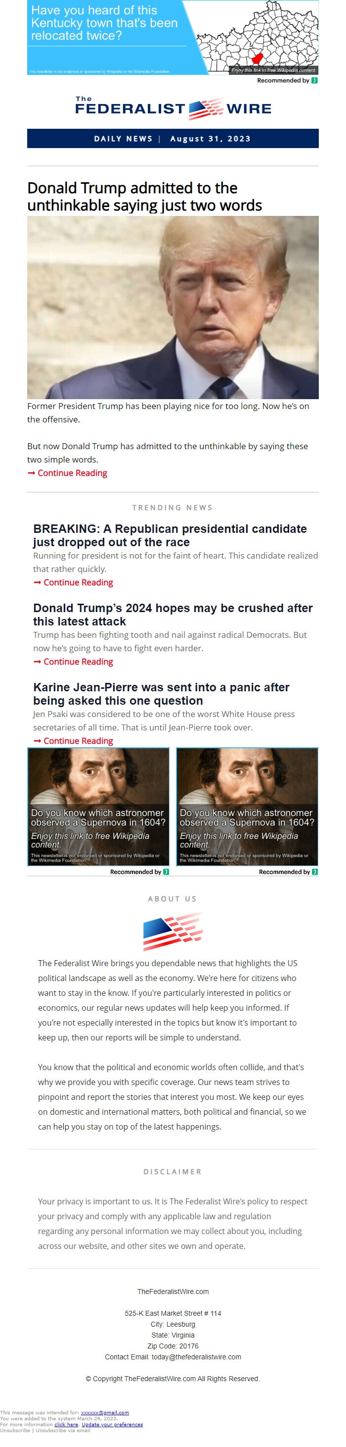 Screenshot of the email generated on import