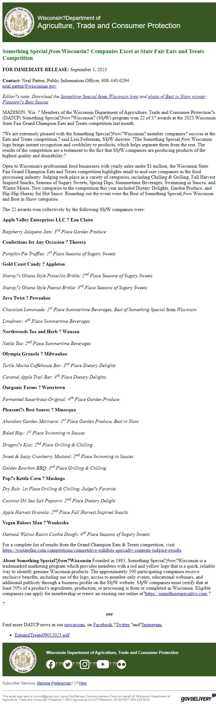 Screenshot of the email generated on import