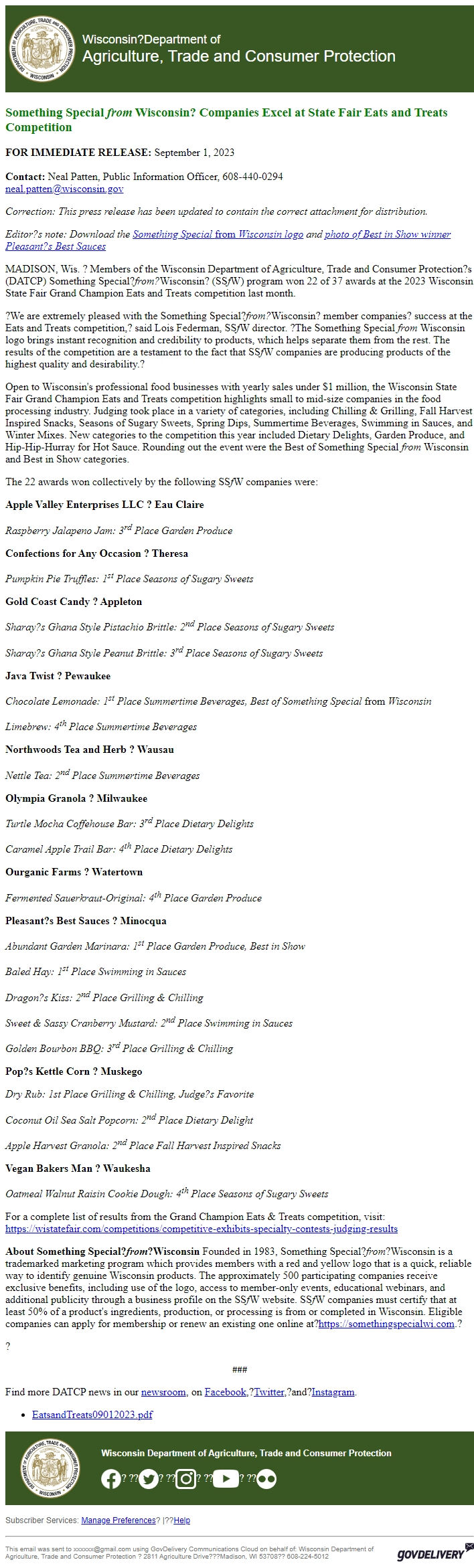 Screenshot of the email generated on import