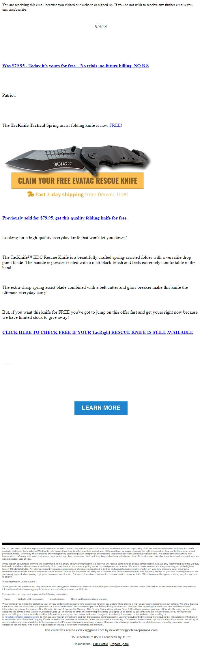 Screenshot of the email generated on import