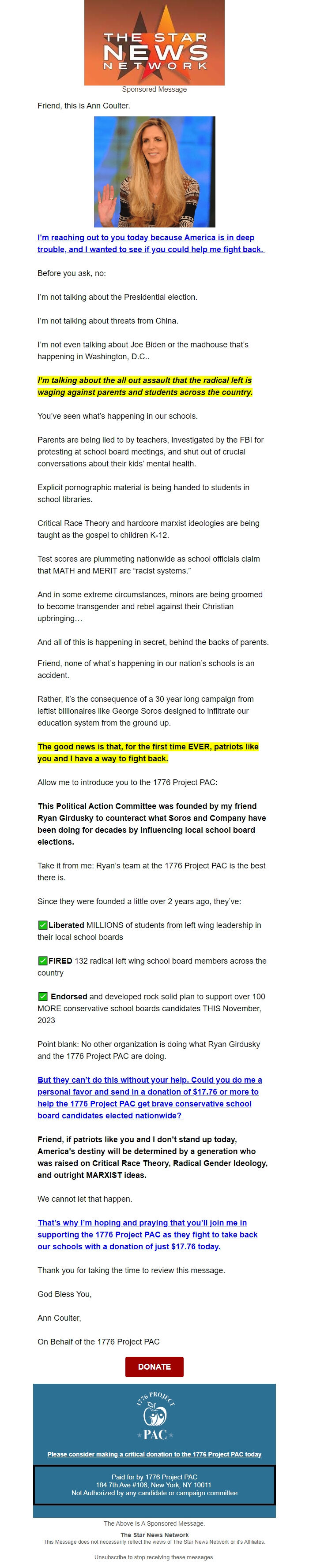 Screenshot of the email generated on import