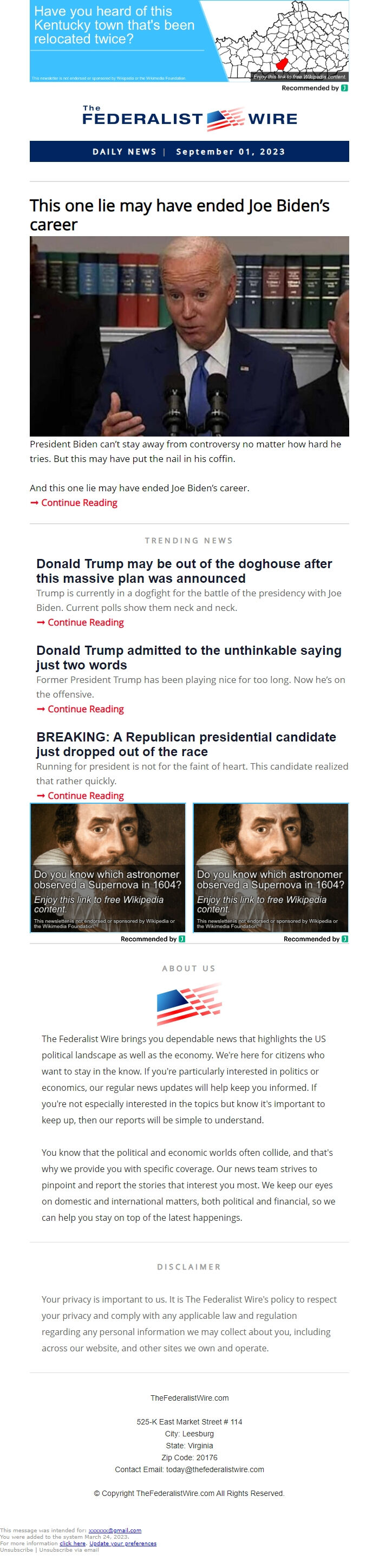 Screenshot of the email generated on import