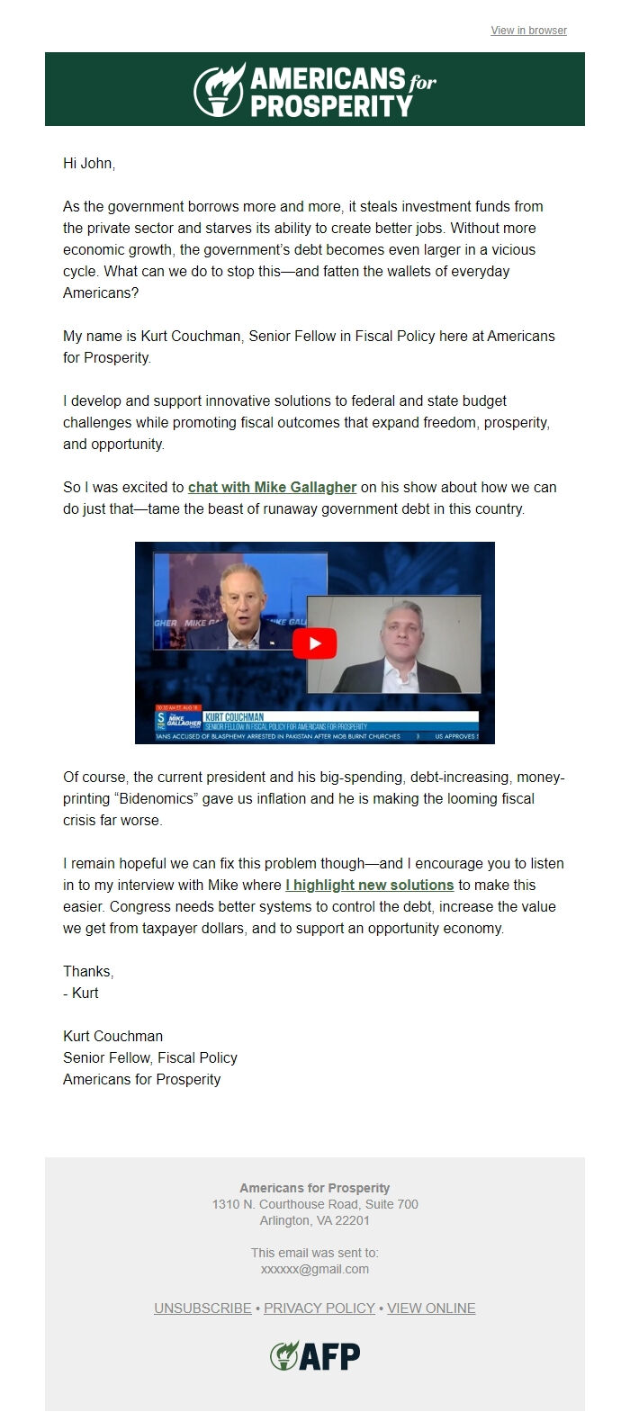 Screenshot of the email generated on import