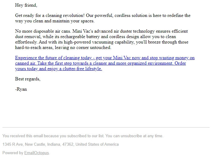 Screenshot of the email generated on import