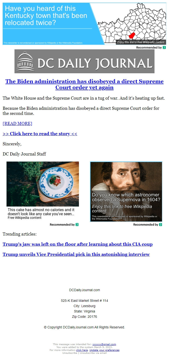 Screenshot of the email generated on import