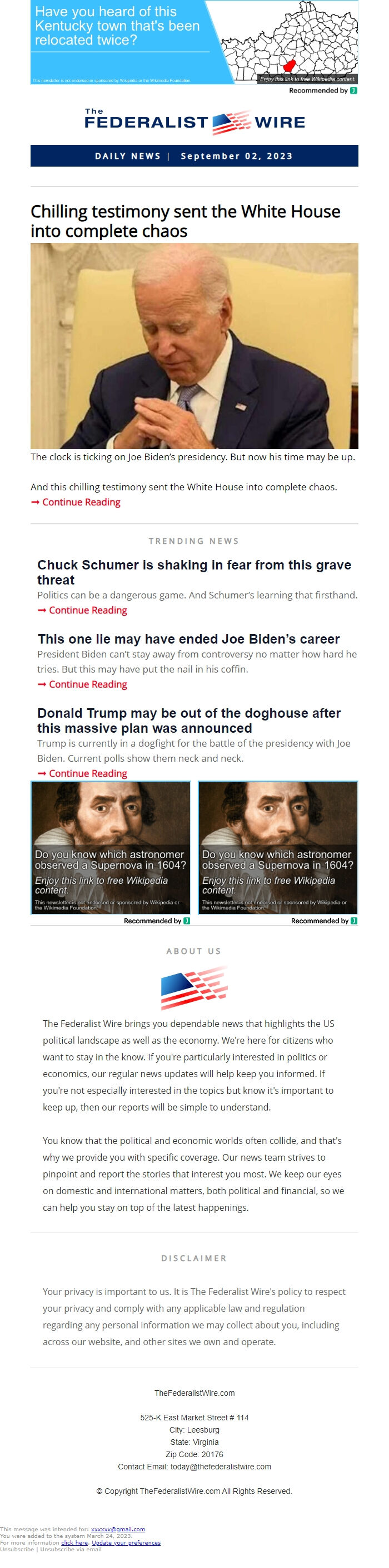 Screenshot of the email generated on import