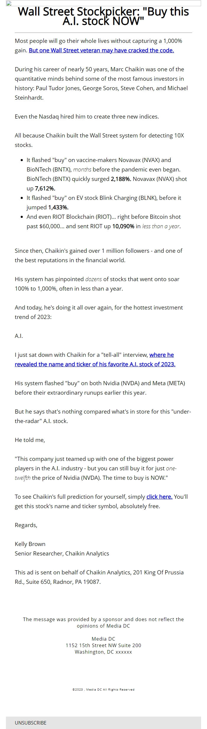 Screenshot of the email generated on import