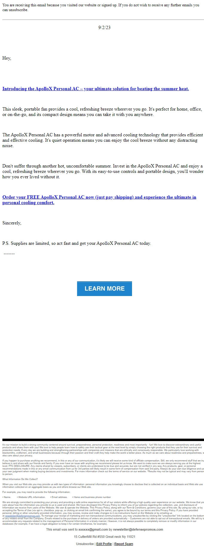 Screenshot of the email generated on import