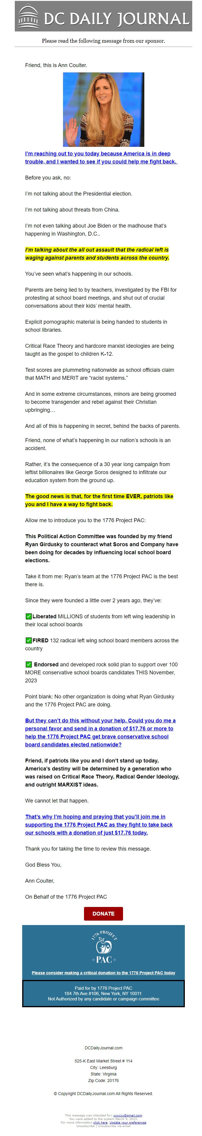 Screenshot of the email generated on import