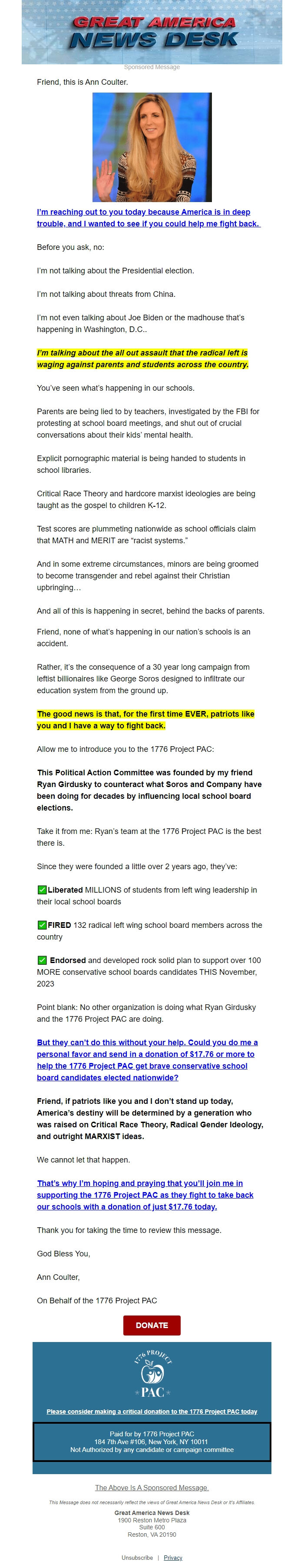 Screenshot of the email generated on import