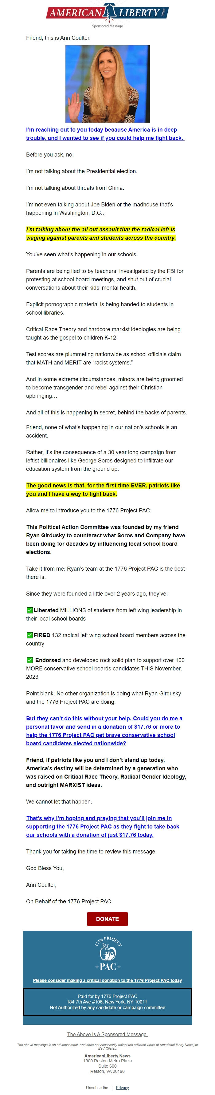 Screenshot of the email generated on import