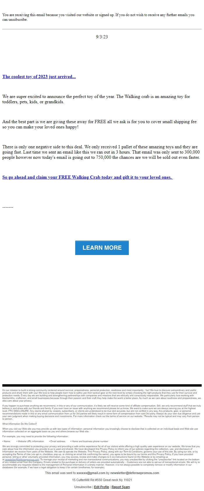 Screenshot of the email generated on import