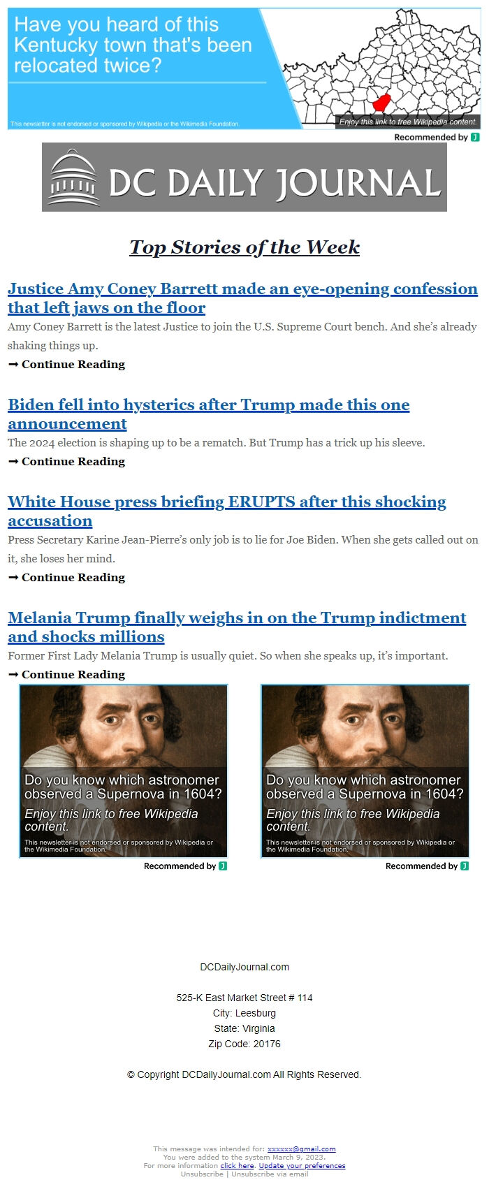 Screenshot of the email generated on import