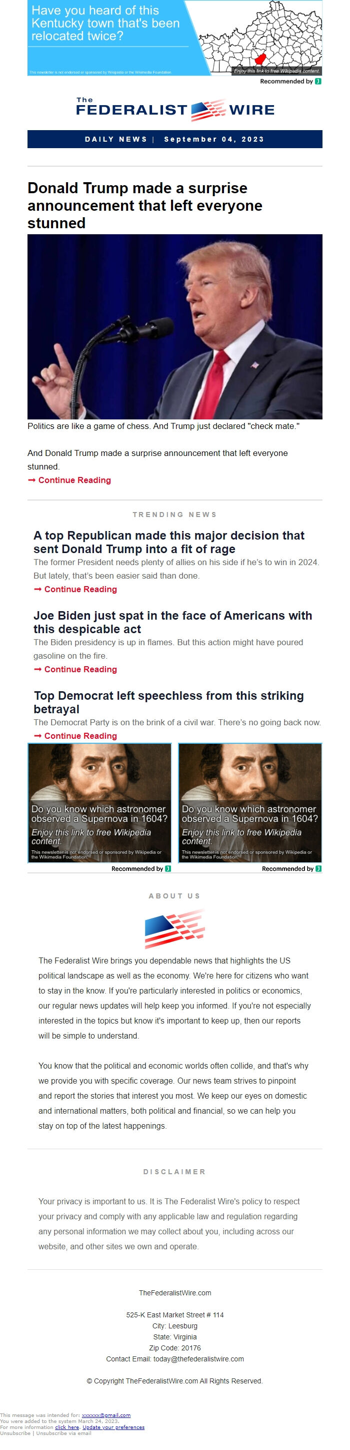 Screenshot of the email generated on import