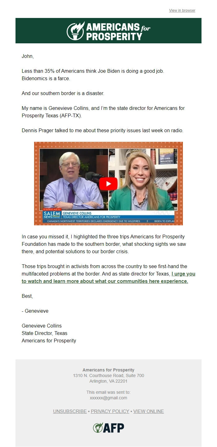 Screenshot of the email generated on import