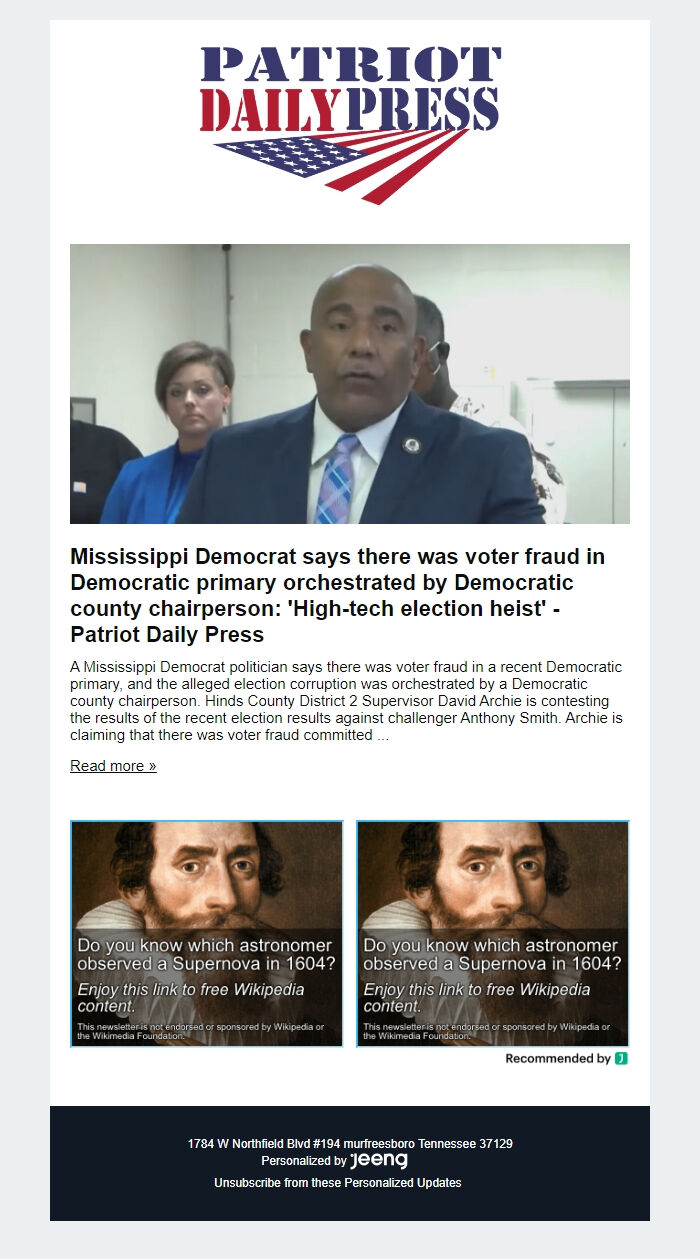 Screenshot of the email generated on import