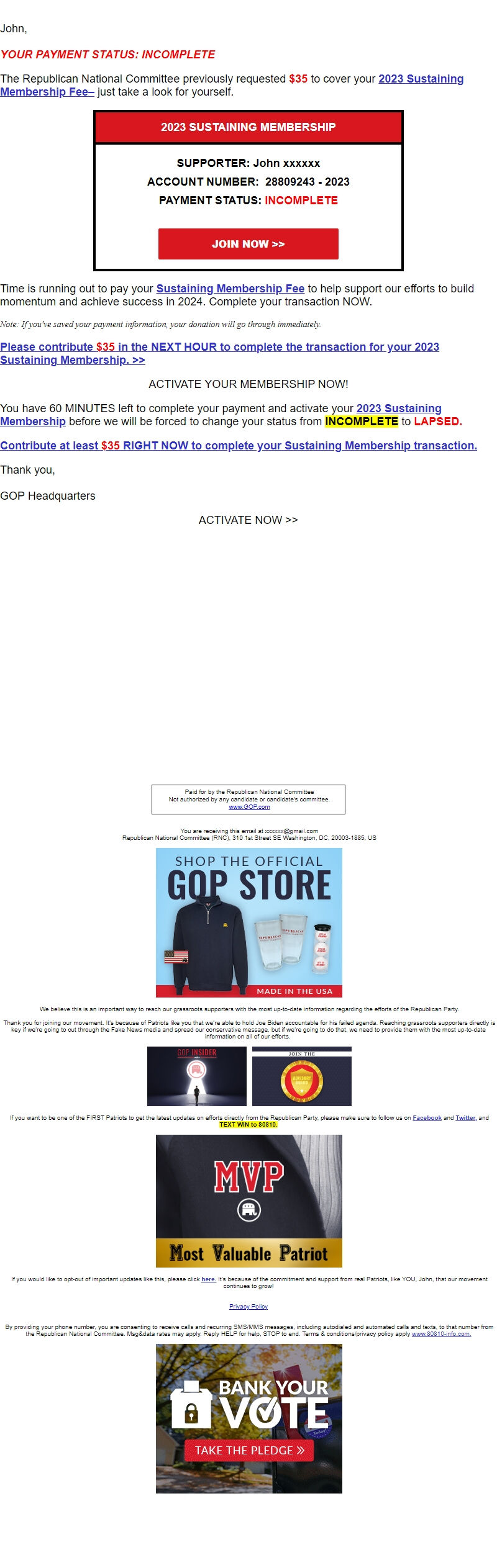 Screenshot of the email generated on import