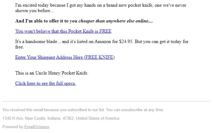 Screenshot of the email generated on import