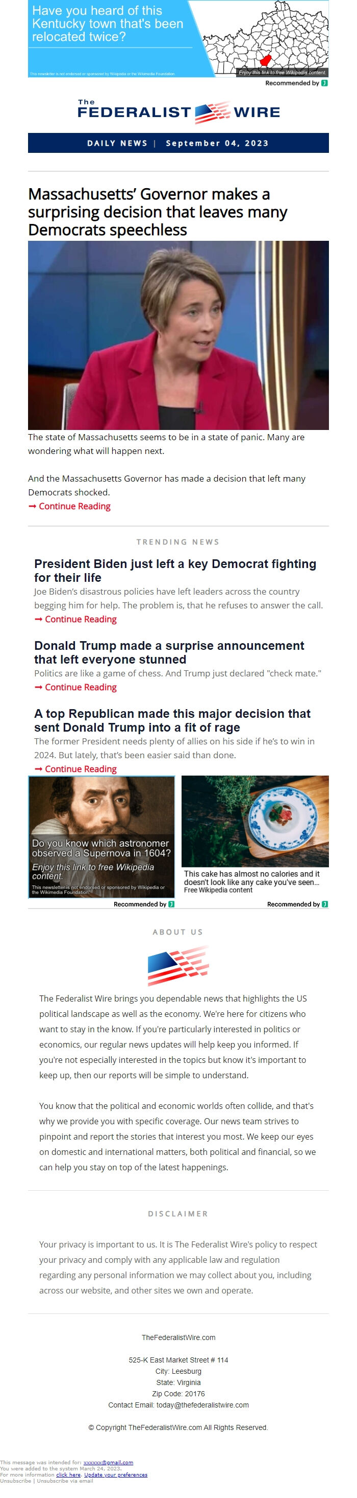 Screenshot of the email generated on import