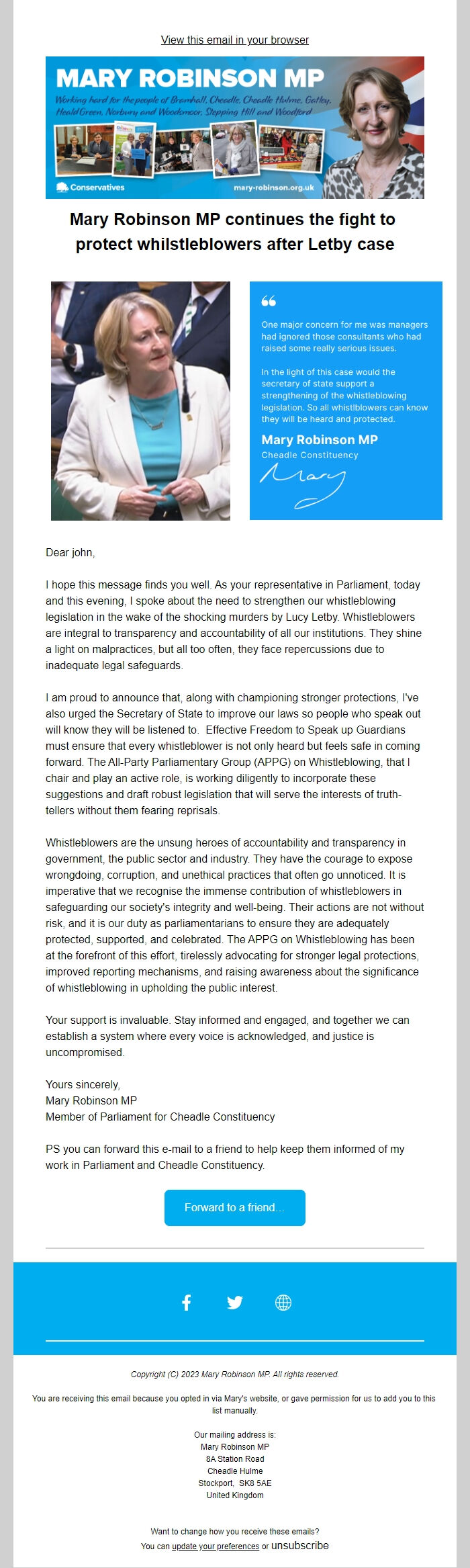 Screenshot of the email generated on import