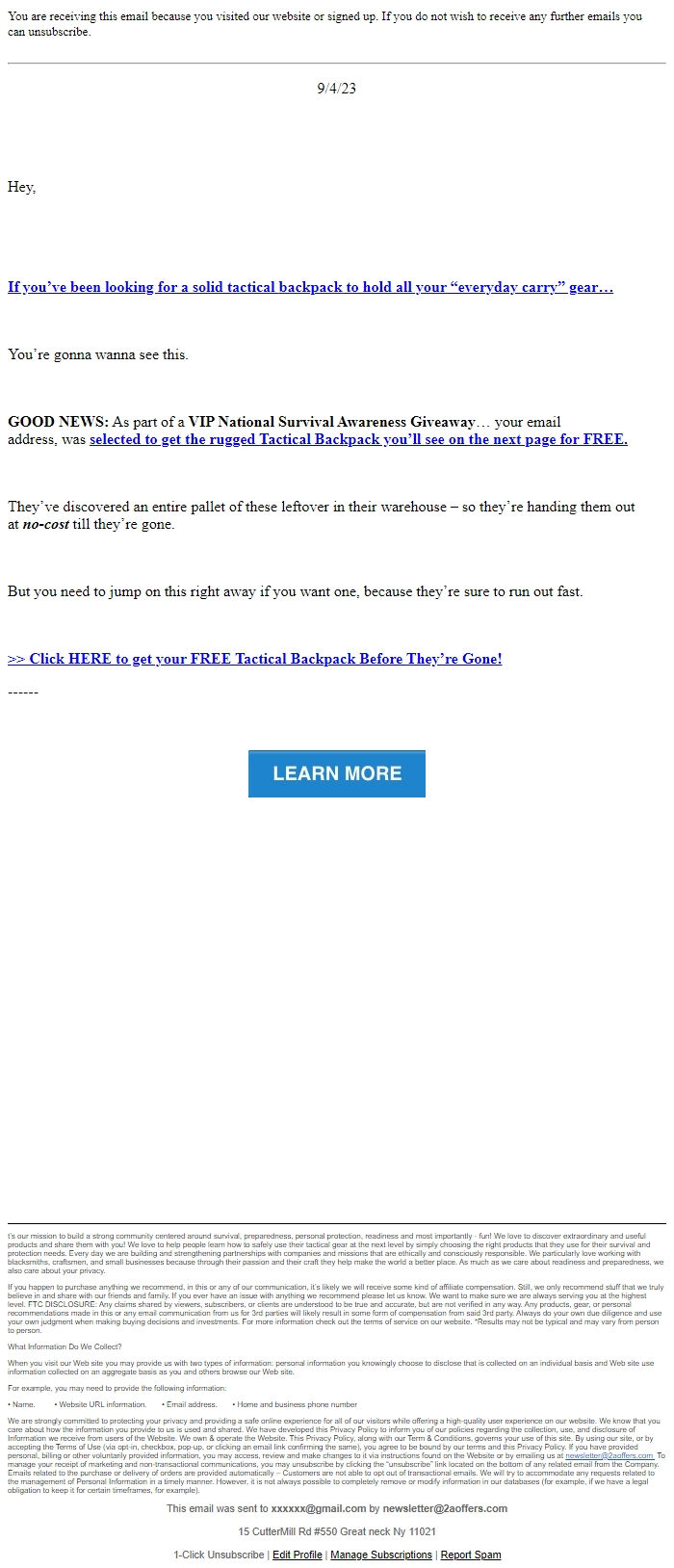 Screenshot of the email generated on import