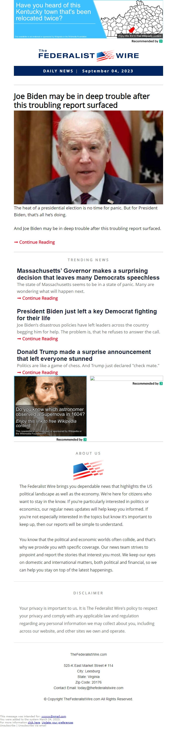 Screenshot of the email generated on import