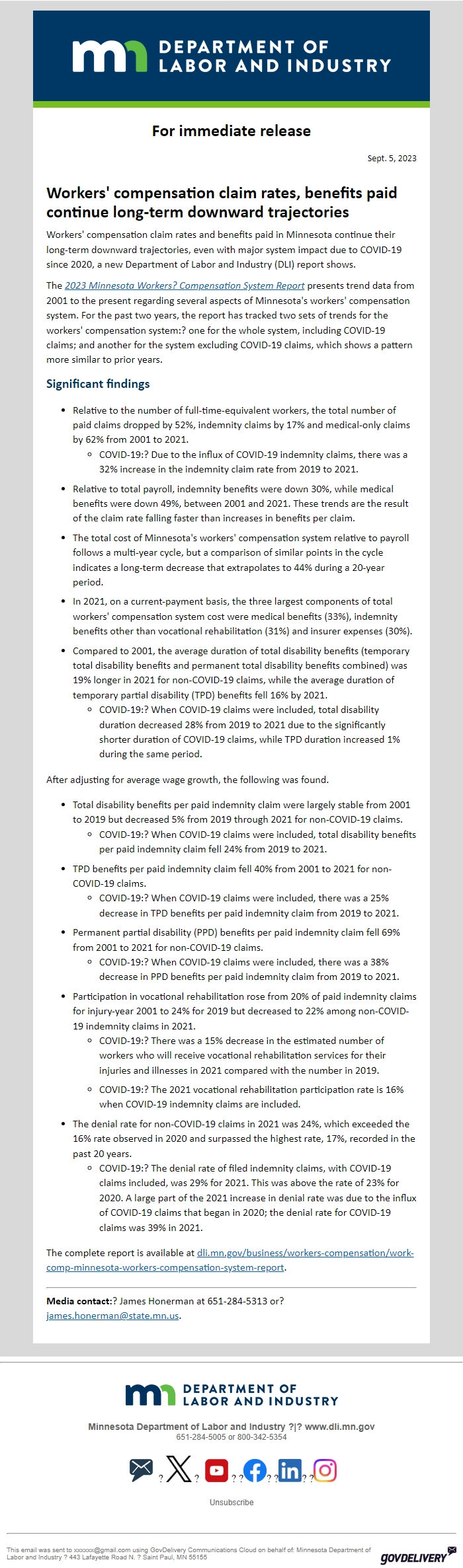 Screenshot of the email generated on import