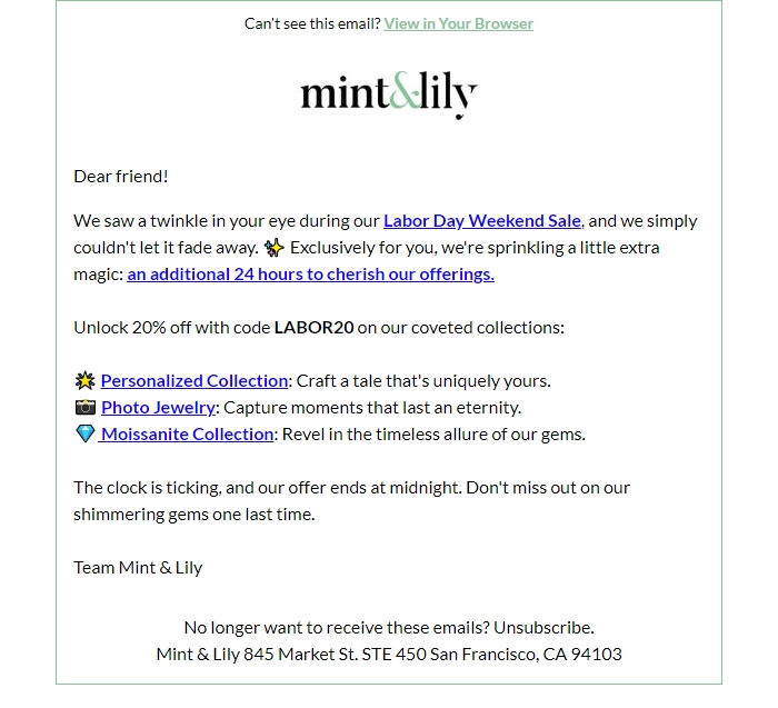 Screenshot of the email generated on import