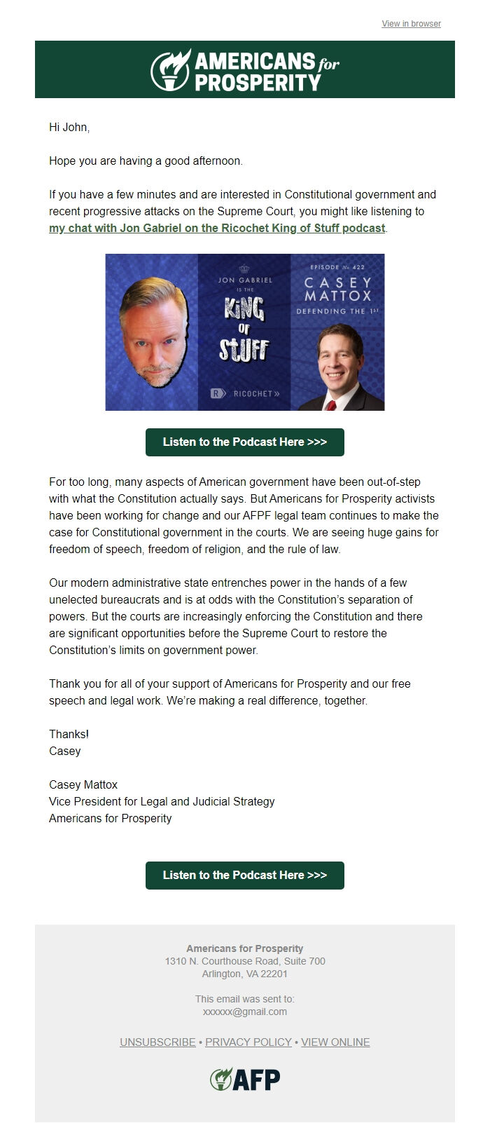 Screenshot of the email generated on import