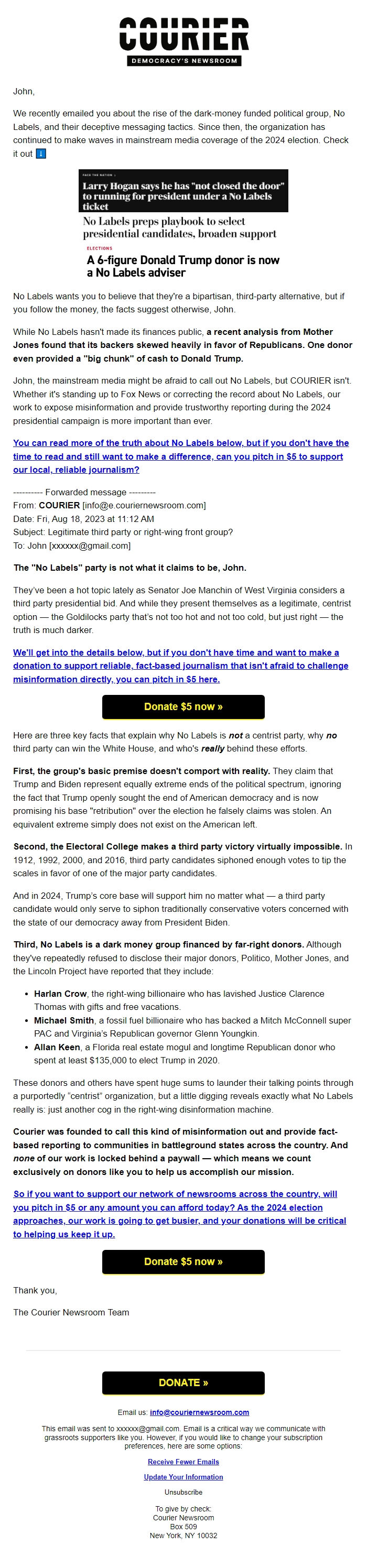 Screenshot of the email generated on import