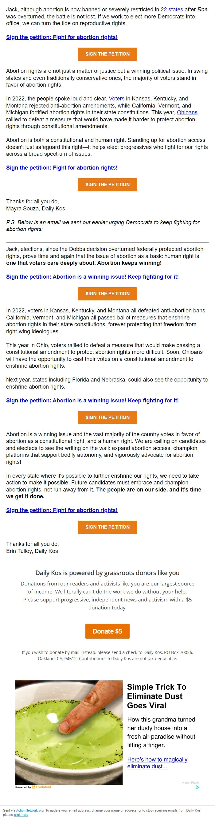 Screenshot of the email generated on import