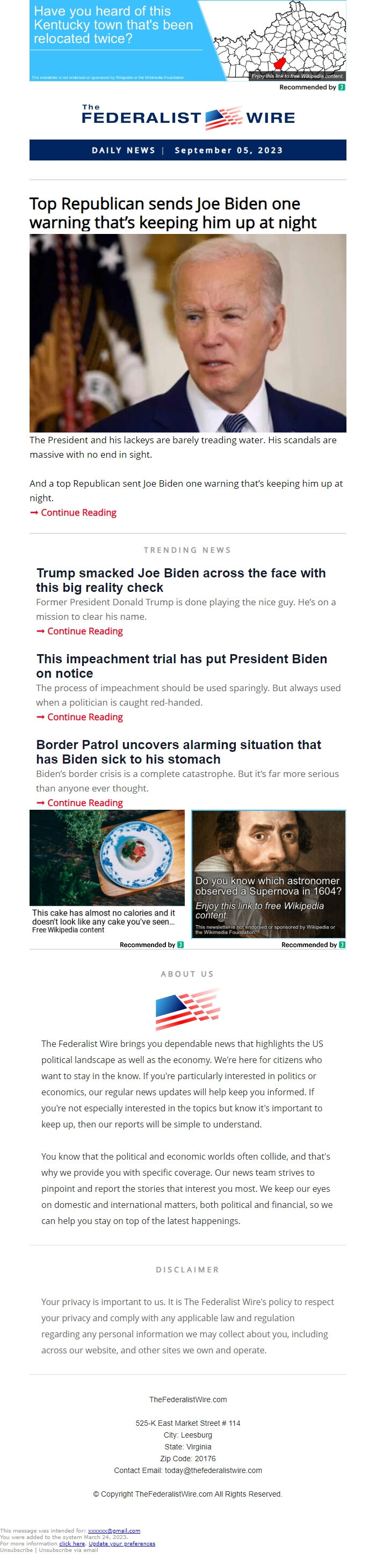 Screenshot of the email generated on import