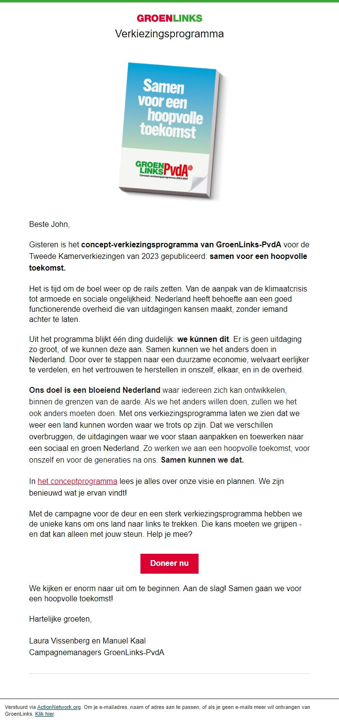 Screenshot of the email generated on import