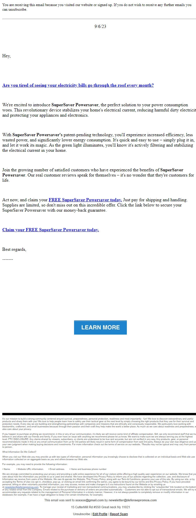 Screenshot of the email generated on import