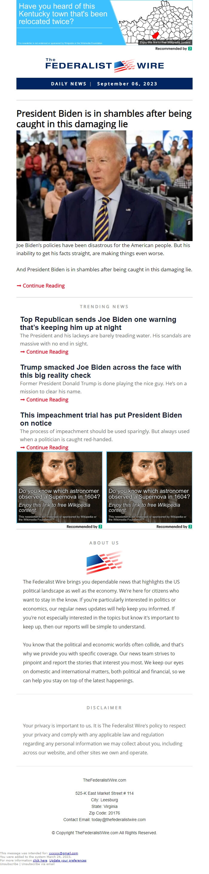 Screenshot of the email generated on import