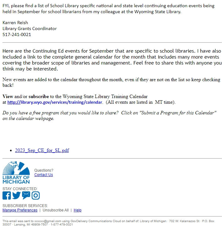 Screenshot of the email generated on import