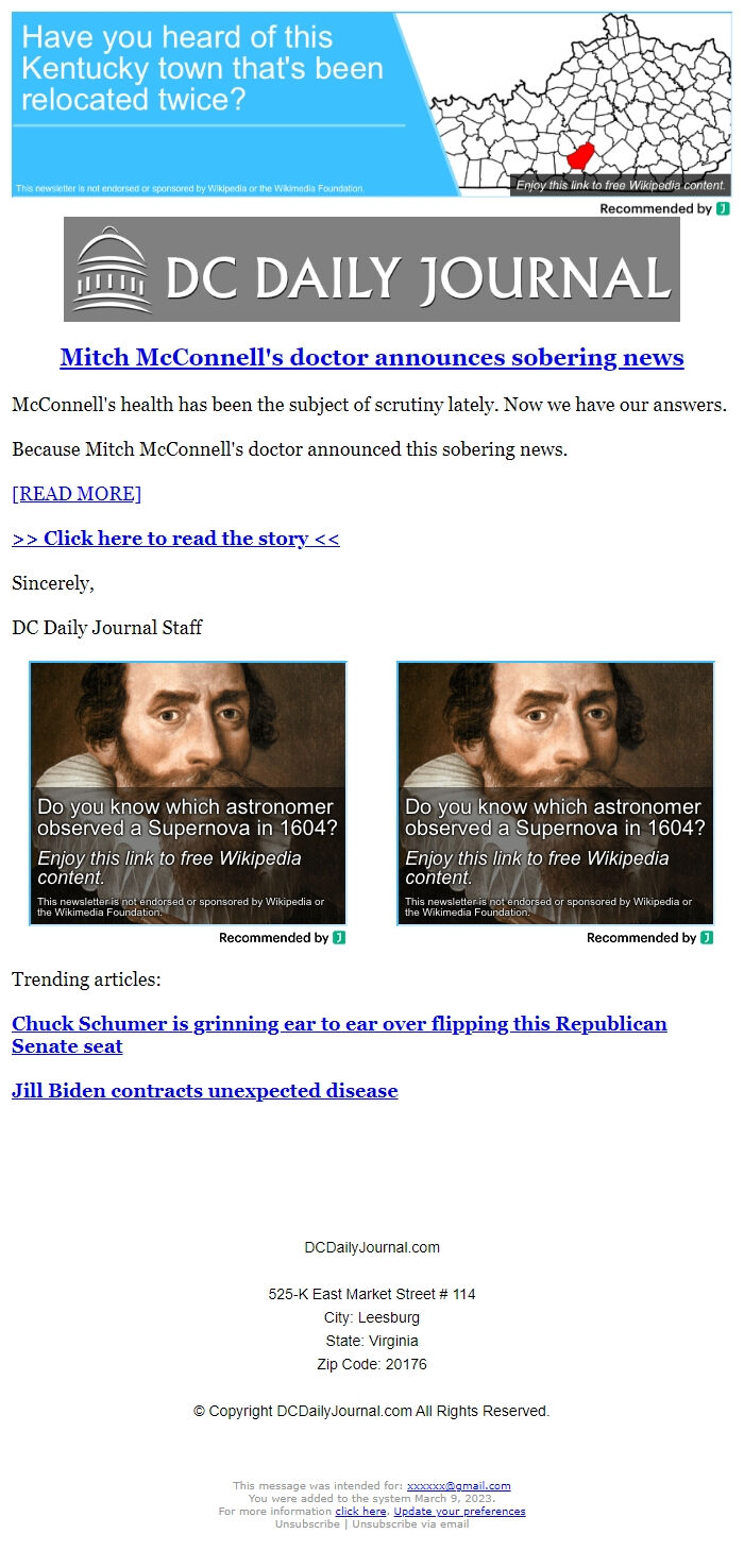 Screenshot of the email generated on import