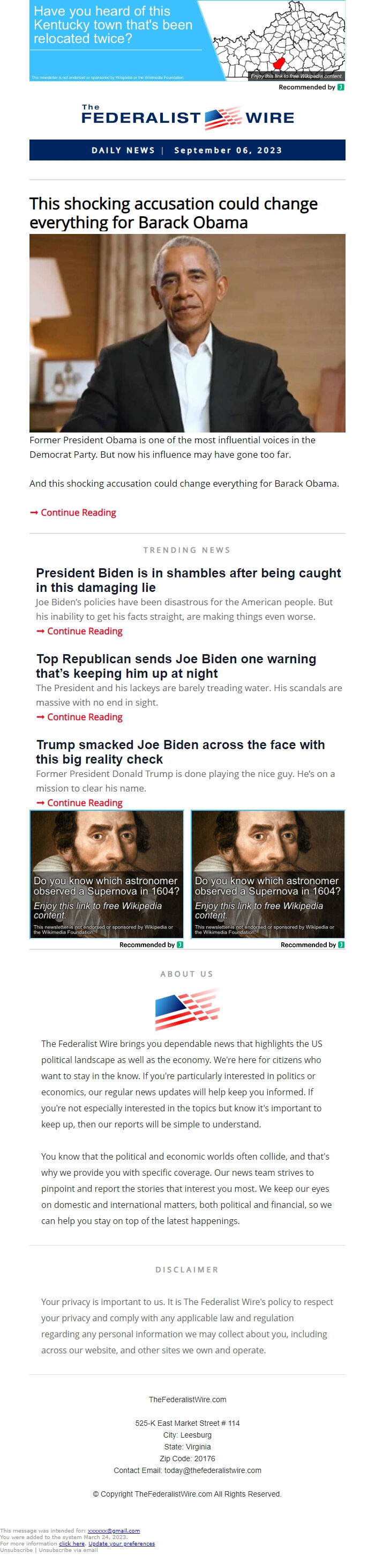 Screenshot of the email generated on import