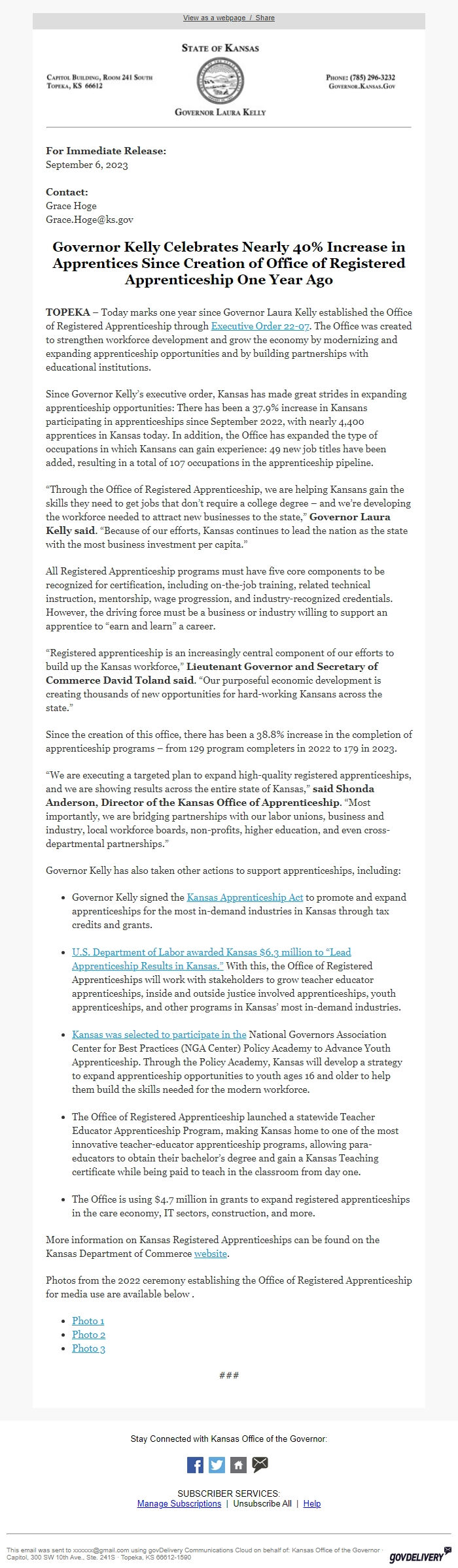 Screenshot of the email generated on import