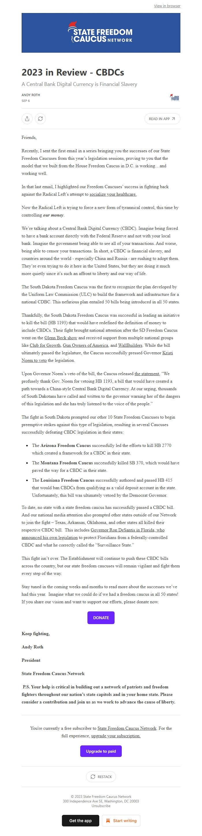 Screenshot of the email generated on import