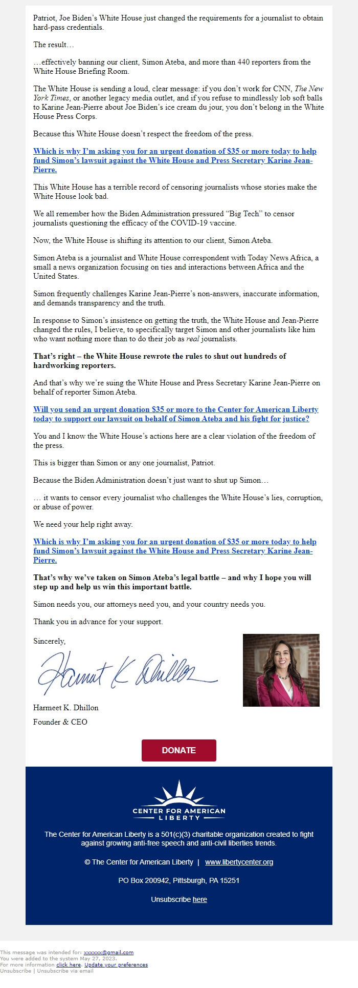 Screenshot of the email generated on import