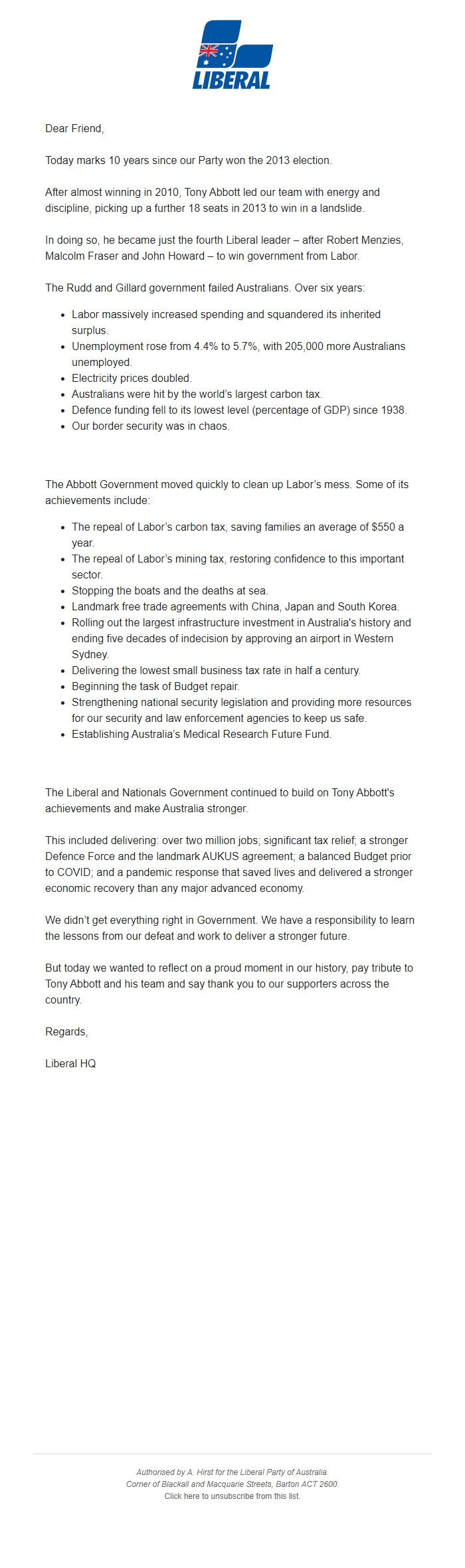 Screenshot of the email generated on import